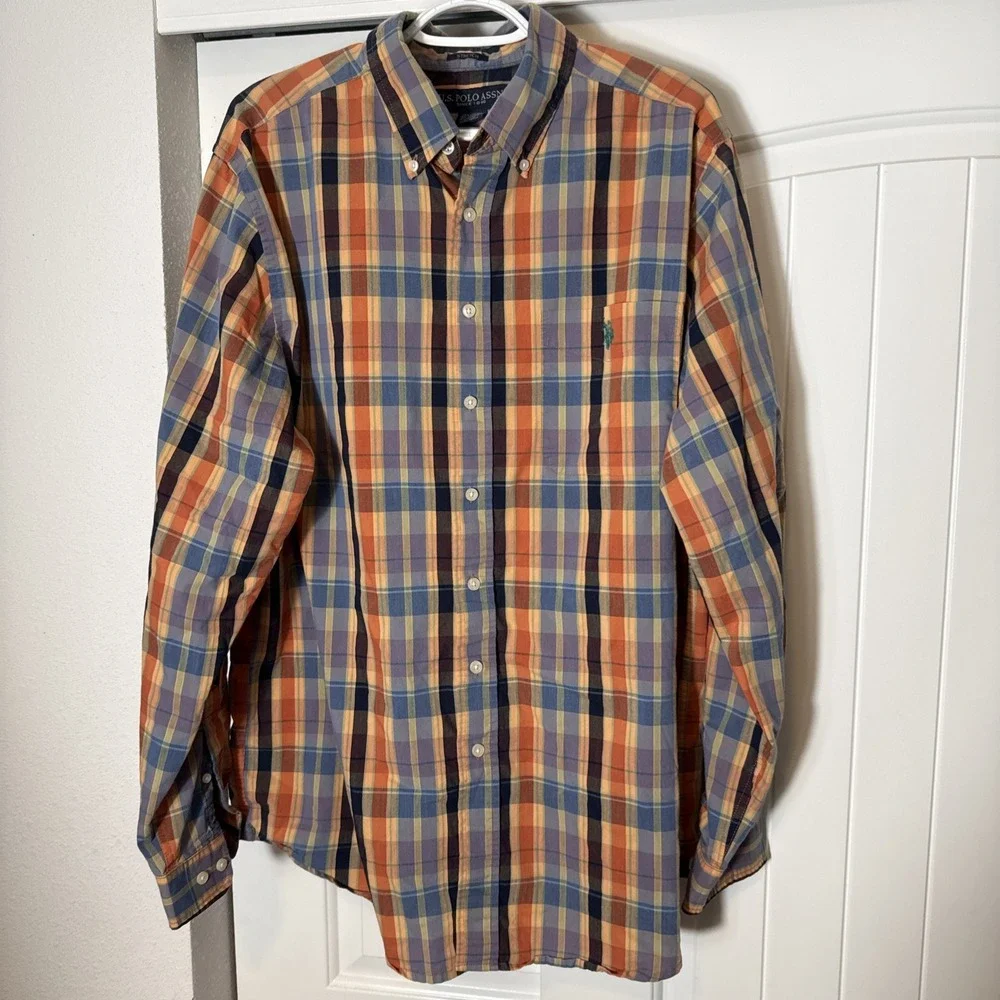 Ralph Lauren Polo Orange/Blue Long Sleeve Button Up Men's LT Logo